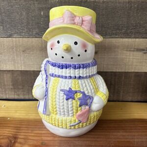 Ceramic Snowman With Yellow Hat And Sweater Cookie Jar